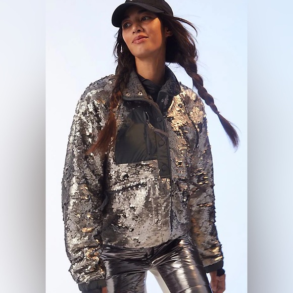 Free People Hit The Slopes Sequin Jacket Silver NWOT - Picture 2 of 12